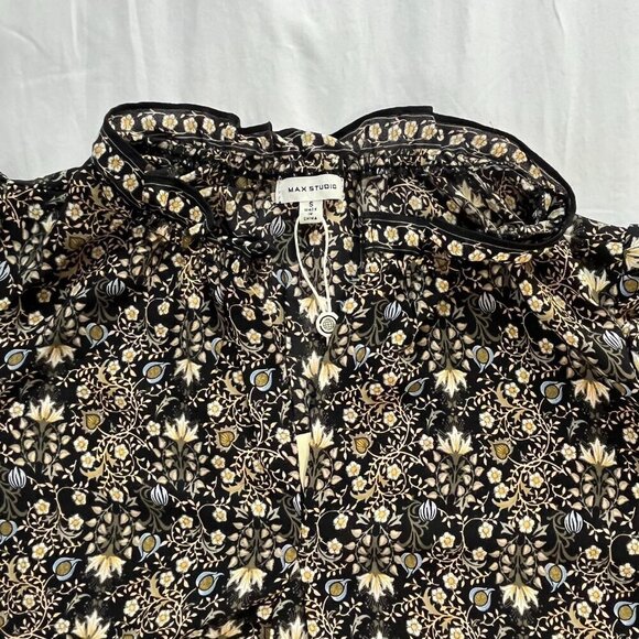 Max Studio Black Floral Print Boho Style Long Sleeve V-Neck Blouse | Size S - Picture 3 of 7